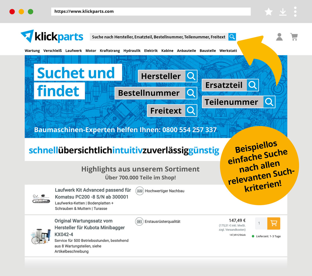 Baumaschinenersatzteile schnell und einfach finden.