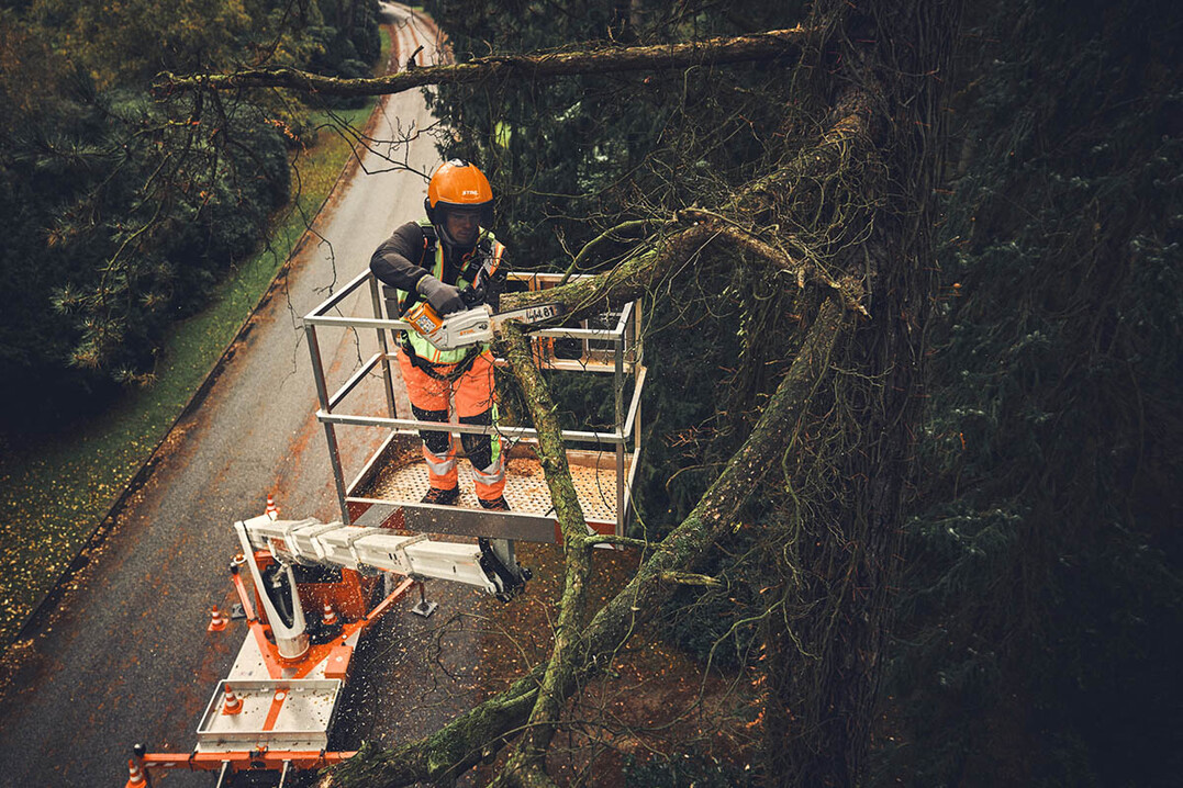 Ob im Baum oder von der Hubarbeitsbhne aus: Dank ihrer schnellen Beschleunigung und einer Kettengeschwindigkeit von bis zu 16 m/s sind Pflege- und Korrekturschnitte mit der kompakten und leichten STIHL MSA 190 T schnell erledigt