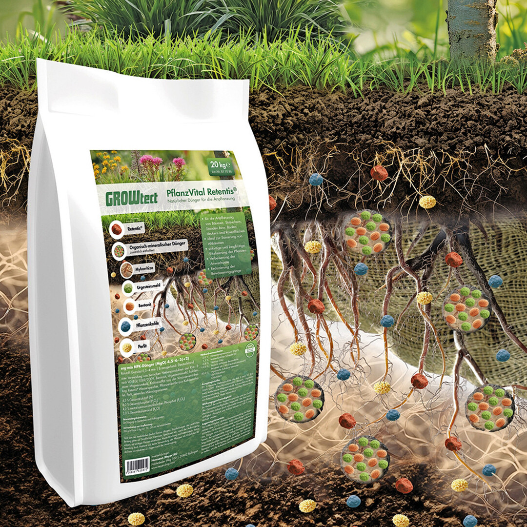 Die biologisch-mineralische Mischung Growtect Agrisan enthlt Retentis als Wasserspeicher.