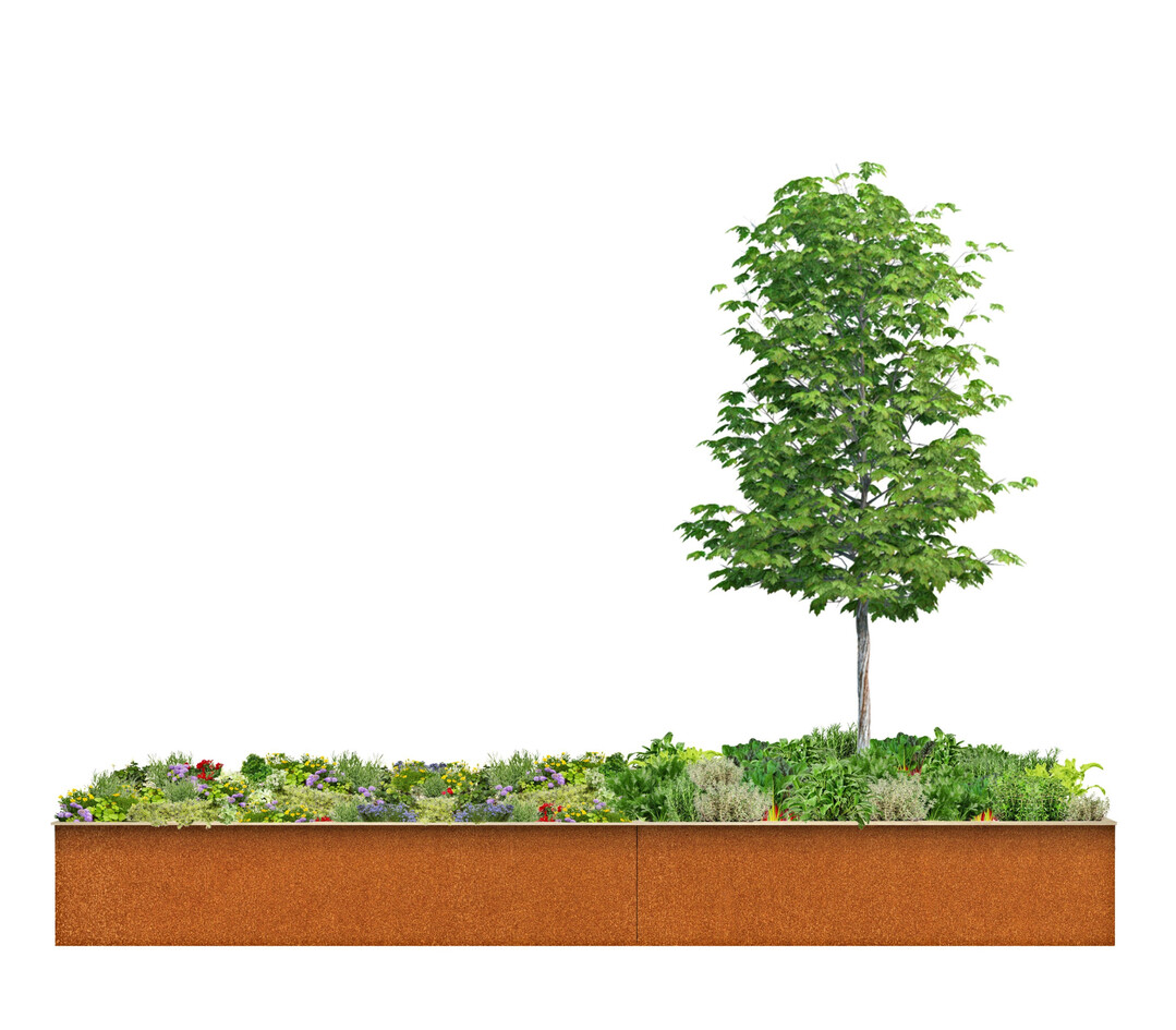 Die verschiedenen Modelle lassen Gestaltungsspielraum: die Wanne aus Corten-Stahl, Holzverkleidung oder pulverbeschichtet, mit Unterpflanzung oder Holzpodest.