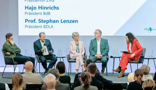 Zukunftspanel mit Vertreter:innen der Grünen Branche, v. l.: Prof. Stephan Lenzen, Thomas Banzhaf, Eva Kähler-Theuerkauf, Hajo Hinrichs und Moderatorin Katie Gallus