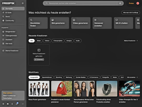 Auf Freepik finden sich viele Bild- und Videogeneratoren.