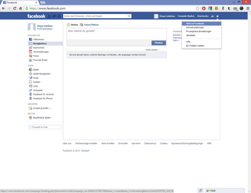 Als erstes klicken Sie in Ihrem privaten Account rechts oben auf das Rdchen, dann auf Wirb auf facebook...