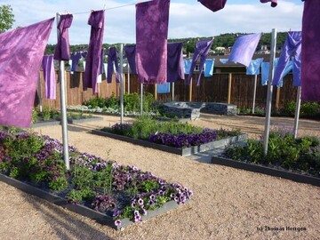 Das Beispiel Lessive en fleurs (Wsche aus Blumen) zeigt ein altes Gartenbild, trocknende Wsche auf Leinen. Die Kleidungsstcke sind in farbiger Abstufung von Karmin Rot bis Blau gehalten und wurden mit Frberpflanzen behandelt. Die Beete darunter sind so bepflanzt, dass die Blten zu den Wschefarben kontrastieren, oder sie ergnzen - ein rot-blaues Gesamtkunstwerk, das durch helle Muschelsandwege und Wind zustzliche Dynamik erfhrt. (th)