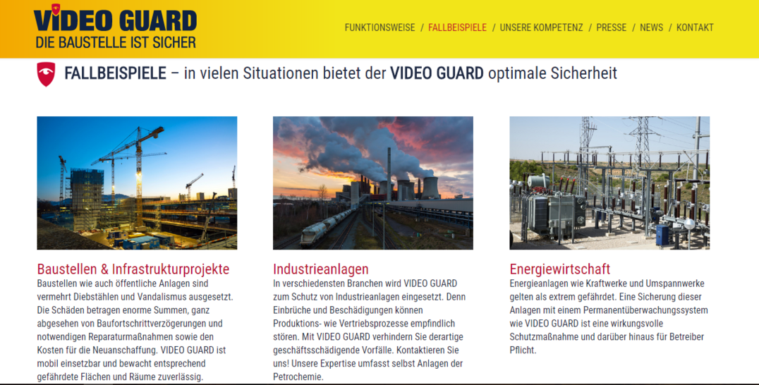 Die neue Internetpräsenz gibt einen Überblick über mögliche Einsatzgebiete der mobilen Sicherheitslösung Video Guard Professional.