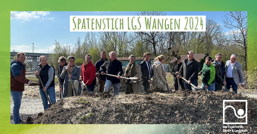 Oberbrgermeister Michael Lang, Geschftsfhrer Reiner Bierig (VGL-BW), Vorstandsvorsitzende Uschi App und die Geschftsfhrung der LGS Wangen 2024 Karl-Eugen Ebertshuser und Edith Heppeler beim Spatenstich
