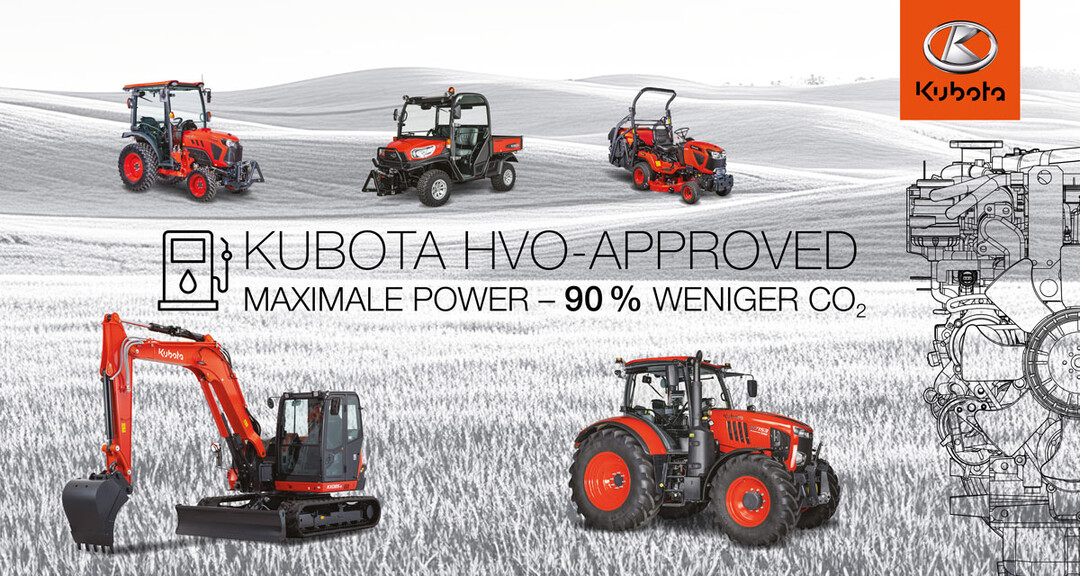 Maschinen und Fahrzeuge mit Dieselmotoren von Kubota können mit dem Kraftstoff HVO völlig fossilfrei betrieben werden.