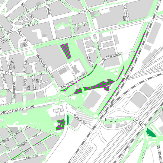 Ausschnitt aus der bersichtskarte des Mh-Konzepts des Gartenbauamts der Stadt Karlsruhe mit Flchen fr die abschnittsweise Mahd am Beispiel des Bereichs Otto-Dullenkopf-Park, Citypark und Ostring stlich der Karlsruher Innenstadt