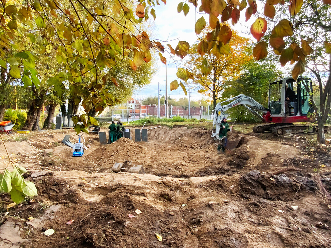 Teichbauprojekt am Gymnasium Gorbitz in Dresden: GaLaBau-Azubis fhrten aus, was Studenten der HTW Dresden geplant hatten.