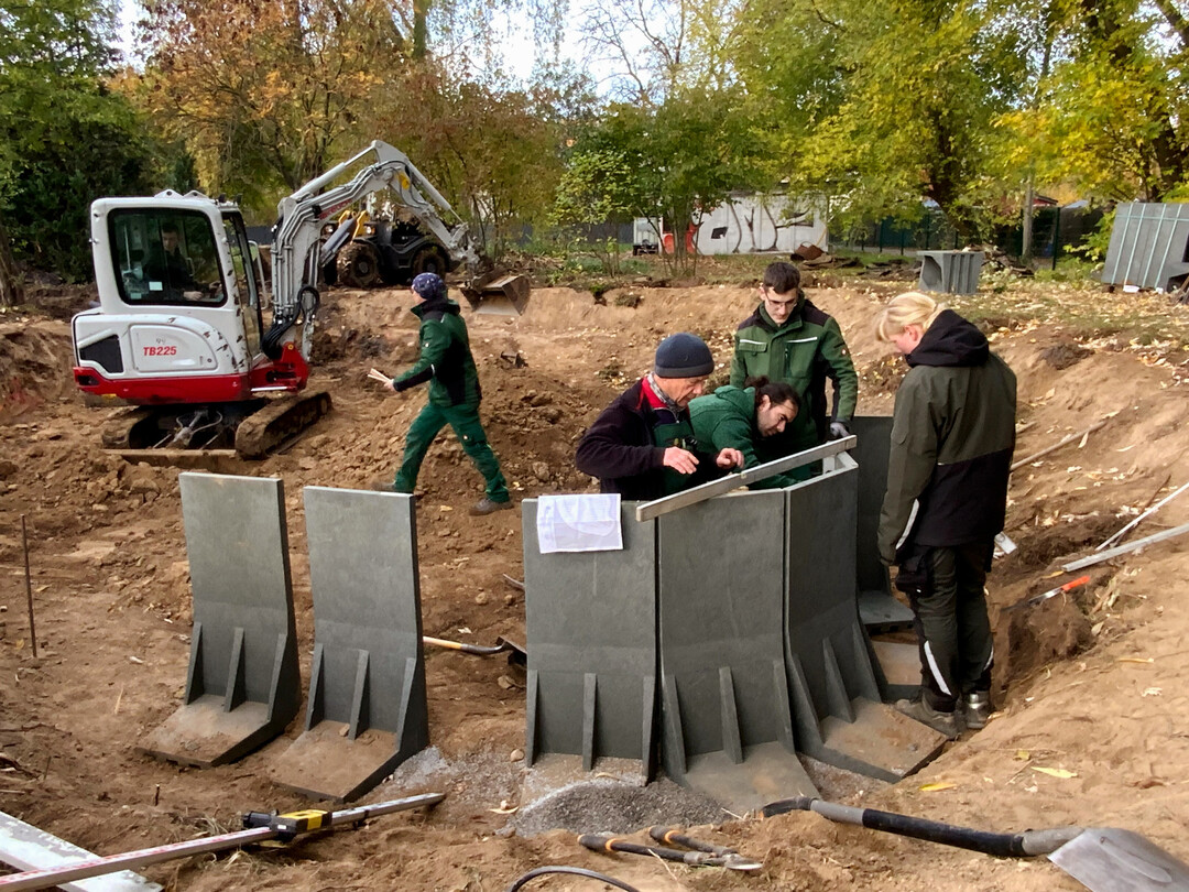 Teichbauprojekt am Gymnasium Gorbitz in Dresden: GaLaBau-Azubis fhrten aus, was Studenten der HTW Dresden geplant hatten.