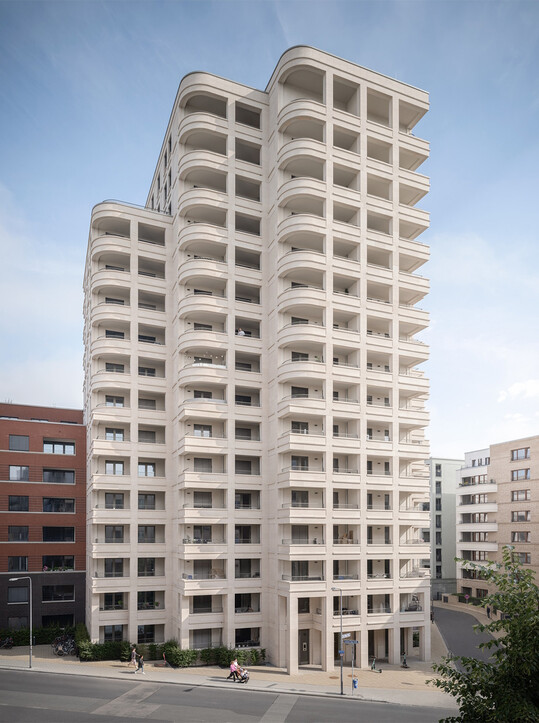 Wohnhochhaus  Drei Horizonte, Frankfurt am Main von O&O Baukunst/ARGE Schwedler Trio, Berlin: Gewinner des Deutschen Naturstein-Preises 2024 & Sieger in der Kategorie Fassaden mit hinterlfteten Auenwandbekleidungen aus Naturstein