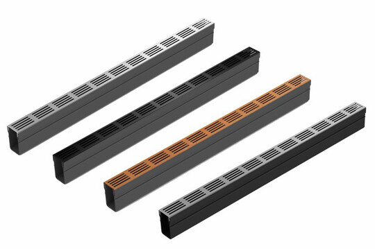 Die Abdeckroste der ACO Slimline sind aus Aluminium in den Ausführungen silber oder schwarz eloxiert, aus Cortenstahl und aus Edelstahl erhältlich.