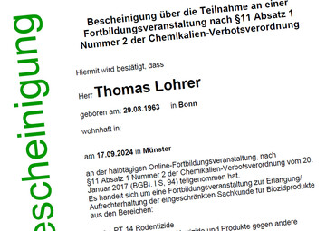 Fr die Abgabe von Bioziden sind ab Januar 2025 zustzliche Schulungen verpflichtend: Eine persnliche Teilnahmebescheinigung besttigt die Teilnahme.