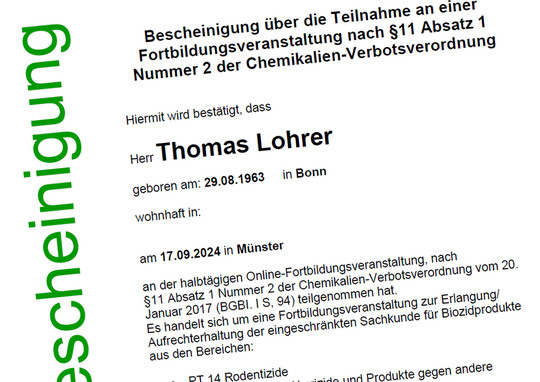 Fr die Abgabe von Bioziden sind ab Januar 2025 zustzliche Schulungen verpflichtend: Eine persnliche Teilnahmebescheinigung besttigt die Teilnahme.