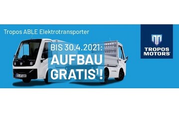 Tropos Motors Europe verlngert das Aktionsangebot fr seine kompakten E-Transporter um vier Wochen: Noch bis zum 30. April erhlt jeder Kunde bei Unterschrift eines Kaufvertrags fr ein Neufahrzeug der Tropos ABLE Reihe eine Pritsche oder einen Kofferaufbau L gratis. 