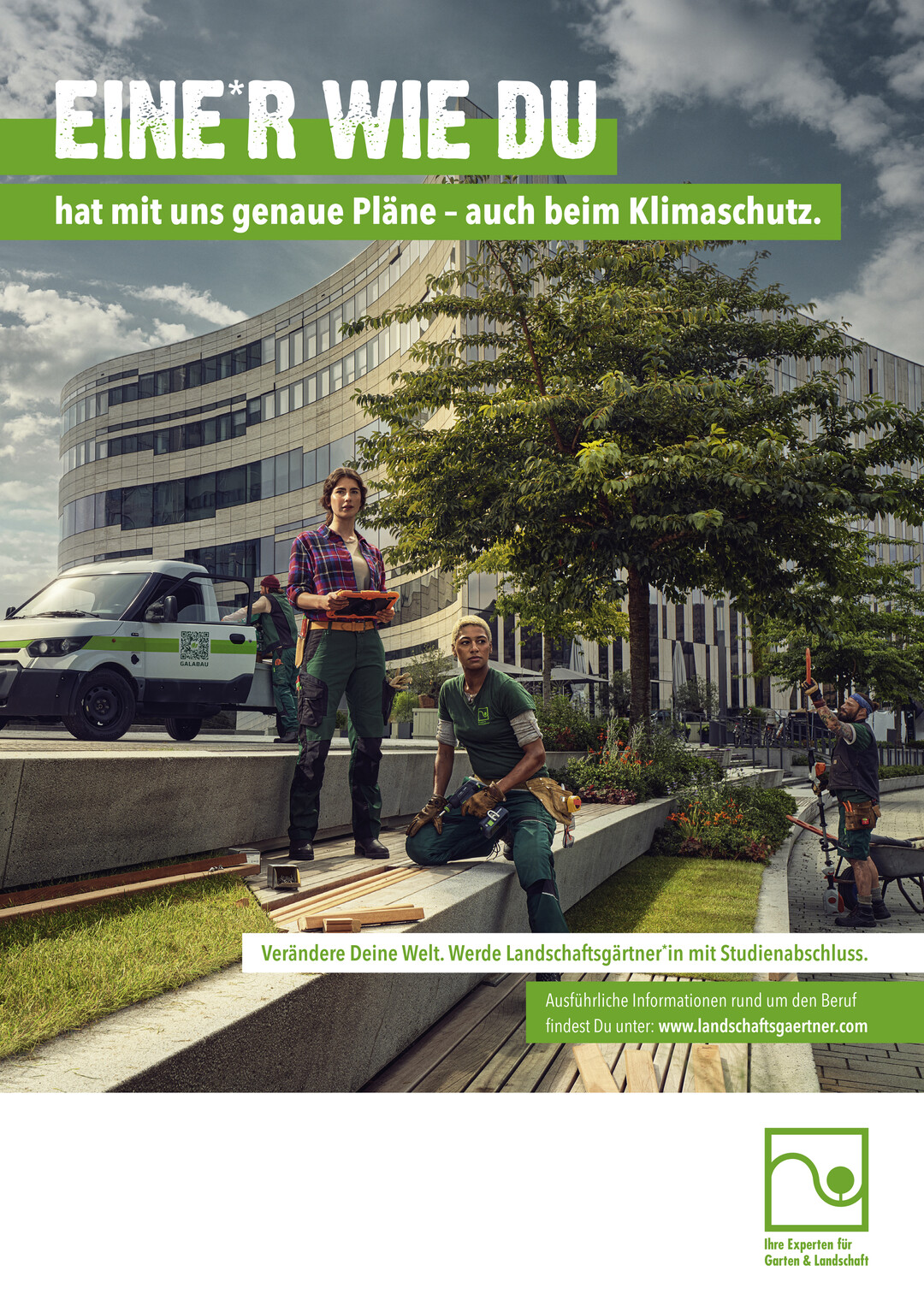 Zwei neue Motive zur erfolgreichen Nachwuchswerbekampagne des AuGaLa nehmen Klimaanpassung mit Grn und Dachgrn in den Fokus.