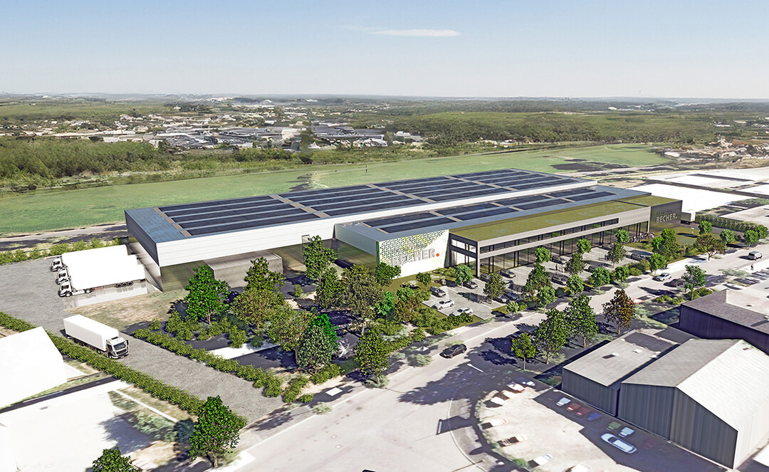 Visualisierung des neuen Becher Standorts in Hanau: Der Neubau vereint künftig Ausstellung, Lager, Logistik und Büroflächen an einem Standort. Visualisierung: Urban Partners