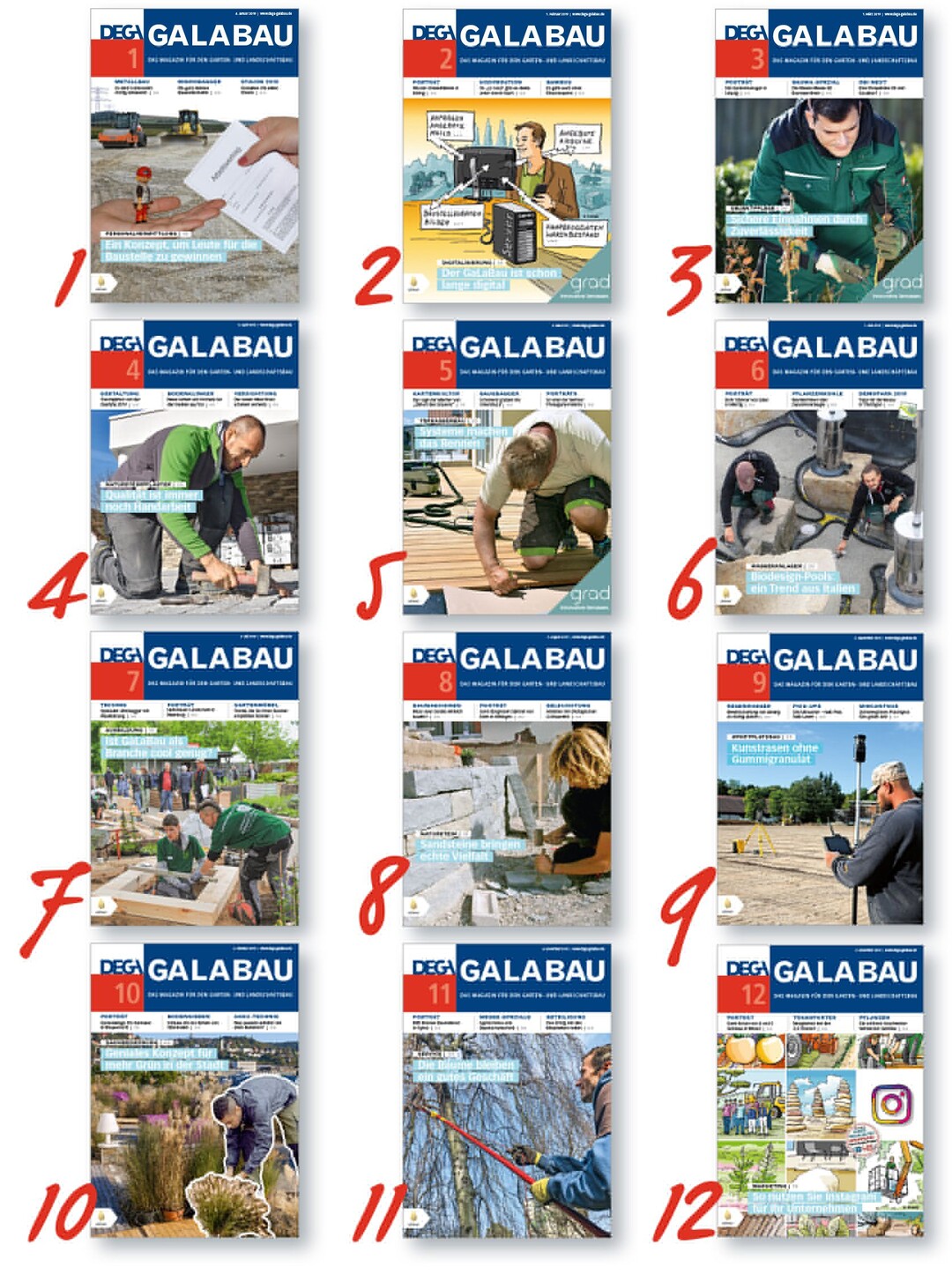 Das sind die 12 DEGA-Cover, die 2019 das Deckblatt der fhrenden GaLaBau-Fachzeitschrift geziert haben.