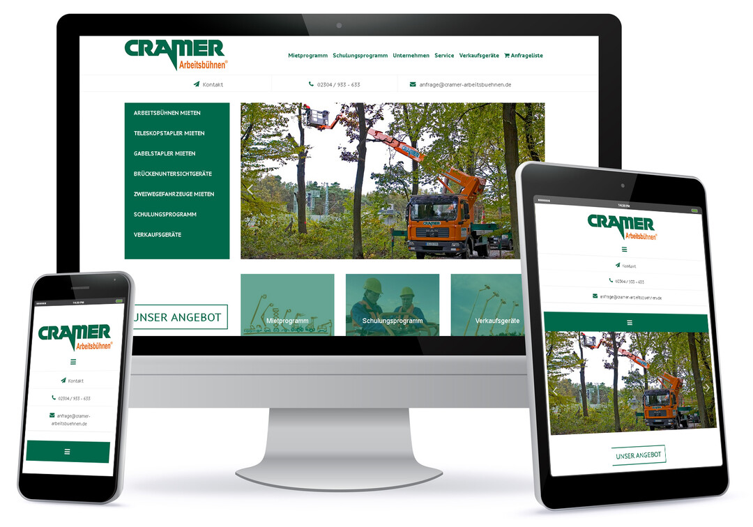 Im neuen responsive Design ist www.cramer-arbeitsbuehnen.de ab sofort auf allen Endgeräten abrufbar und passt sich an das entsprechende Format an.