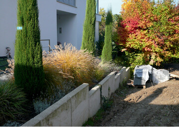 Die 80 cm hohen L-Steine, die hier auf der Grundstcksgrenze eingebaut wurden, verstoen gegen das Nachbarrecht. Pikanterweise wollte der Erbauer der Mauer seinem Nachbarn untersagen, rechts der L-Steine eine Hecke gem Nachbarrecht zu pflanzen, weil die Wurzeln den L-Steinen schaden wrden.