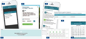 Das Online-Berichtsheft bietet eine Reihe von Vorteilen. So kann der Ausbilder unterschiedliche Azubis auswhlenund mit ihnen kommunizieren. Whrend der Fahrt knnen die Auszubildenden ihre Berichte in die App tippenund dazu auch Bilder oder Dateien hochladen. Die Kalenderfunktion gibt einen berblick, was an den Tagen passiert ist und wo Berichte vorliegen.