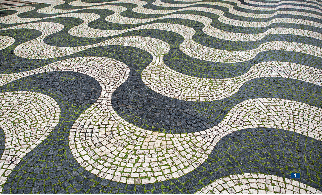 Wellenmuster auf dem Rossio in Lissabon. Der QR-Code fhrt zu einer Zusammenfassung der Reise.