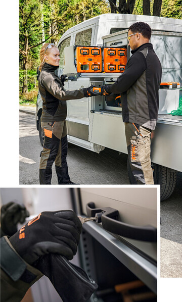 Der marktweit einzigartige bottTainer von Stihl beherbergt und ldt bis zu 24 Akkus. Er ist abschliebar, so kann das Werkzeug ber Nacht auf dem Fahrzeug bleiben.