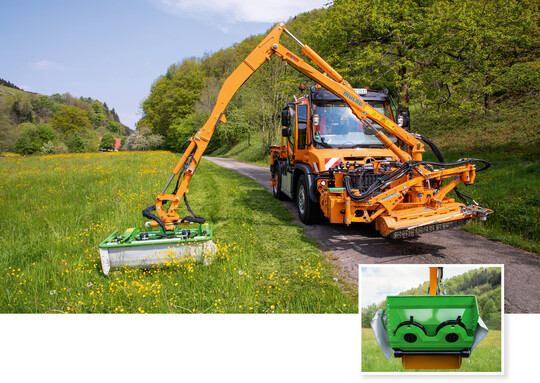 Straenbegleitgrn kologisch pflegen und Schnittgut abrumen – das klappt mit dem Mhkopf Eco 1200 von Mulag am Unimog. Er funktioniert nach dem Prinzip des Scheibenmhers.