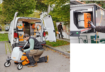 Stihl bietet mobile Lager- und Ladelsungen fr Akkugerte  vom bottTainer fr die Transporterpritsche (oben) ber den kompletten Fahrzeug-Innenausbau bott Vario 3 (links) bis zum Elektrofahrzeug Goupil powered by Stihl.