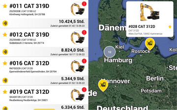 Auf der Cat Mobil App knnen Maschinenflotten jederzeit berblickt werden – sowohl in der Listenansicht als auch in der Karten- oder Einzelansicht.