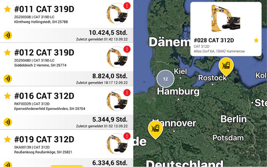 Auf der Cat Mobil App knnen Maschinenflotten jederzeit berblickt werden – sowohl in der Listenansicht als auch in der Karten- oder Einzelansicht.
