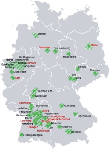 Die bestehenden (rot) und geplanten (schwarz) Umweltzonen in Deutschland