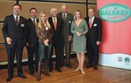Referenten des GALABAU innovativ-Fachkongresses: Von links Hartmut Goldboom, Steffen Böhme, Regina Halmich, Prof. Dr. Horst W. Opaschowski, Hanns-Jürgen Redeker, Christiane Stein und Werner Tiki Küstenmacher
