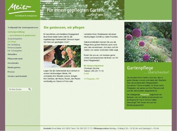 Mitte: Der Bereich Gartengestaltung erhielt eine eigene Rubrik die Unterpunkte sind: Ansprechpartner, Gestaltung, Gartenpflege (im Bild), Referenzobjekte und Meiers Schaugrten 