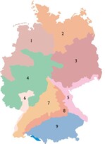 Herkunftsgebiete für gebietsheimische Gehölze in Deutschland<br/><br/>
1 Nordwestdeutsches Tiefland<br/>
2 Nordostdeutsches Tiefland<br/>
3 Mittel- und Ostdeutsches Tief- und Hügelland<br/>
4 Westdeutsches Bergland, Spessart-Rhön-Region<br/>
5 Südostdeutsches Hügel- und Bergland, Ostbayerisches Hügel- und Bergland<br/>
6 Oberrheingraben<br/>
7 Süddeutsches Hügel- und Bergland, Fränkische Platten und Mittelfränkisches Becken<br/>
8 Schwäbische und Fränkische Alb, Bayerischer Jura<br/>
9 Alpen und Alpenvorland, Tertiärhügelland, Schotterplatten und Schwäbisch-Bayerische Jungmoränenlandschaft, Alpen