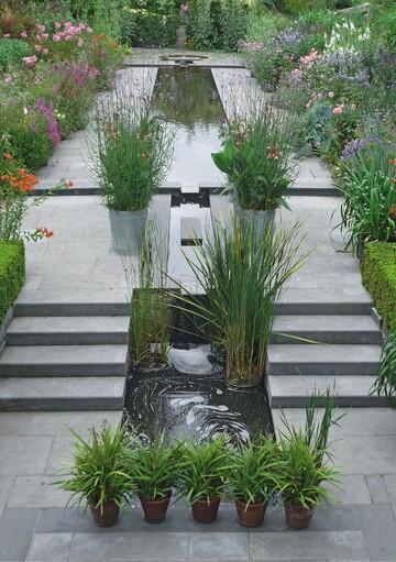 1 Blick vom Wohnzimmer auf den etwas tiefer liegenden Garten mit seiner zentralen Wasserachse