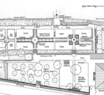 1 Der neu geordneter Grundriss des Gemüsegartens zeigt die Mittelachse, drei kleine, platzartige Erweiterungen und als Abschluss eine Baumreihe und eine Hecke zur Abgrenzung des Kompostplatzes.