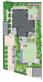 1 Der Entwurfsplan zeigt deutlich die klare Linienführung und die einzelnen Gartenräume.