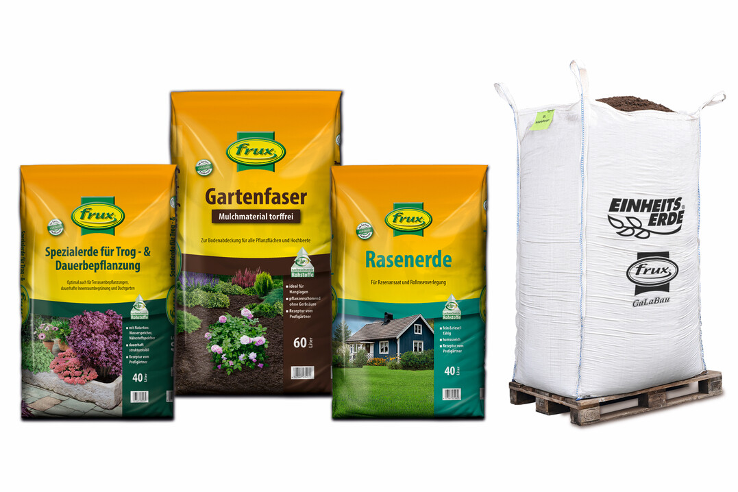 Seine Erden und Materialien liefert frux GaLaBau in bedarfsgerechten Verpackungen von 40 l bis 6,5 m3 oder lose, auch direkt auf die Baustelle. 