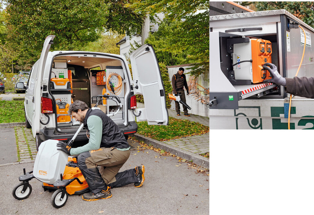 Stihl bietet mobile Lager- und Ladelsungen fr Akkugerte  vom bottTainer fr die Transporterpritsche (oben) ber den kompletten Fahrzeug-Innenausbau bott Vario 3 (links) bis zum Elektrofahrzeug Goupil powered by Stihl.