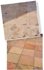 Stark verschmutzer Quarzitbelag vor (oben) und nach der Reinigung (unten)