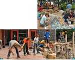 2 bis 4 Gemeinsam Arbeiten ist das Motto der Sommertagung – wie hier beim Klinkerlegen, Mosaikkleben oder beim Spielplatzbau.