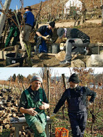Oben: In zwei Tagen wurde eine Mauer abgetragen und schichtweise wieder aufgebaut (mehr Fotos auf Facebook).Unten: Feldmauerer Martin Bücheler (links) und Kursinitiator Michael Heck setzen sich gemeinsam für das alte Handwerk ein.
