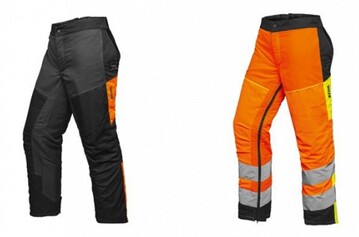 Der neue STIHL Ringsum-Beinschutz in den Ausfhrungen Chaps 360 (links) und Protect MS 360 bietet flexibel nutzbaren Schnittschutz der Klasse 1 gem EN 381. Der STIHL Ringsum-Beinschutz Protect MS 360 in Warnorange (rechts) erfllt ber die Anforderungen der Schnittschutzklasse 1 hinaus auch die der Warnschutzklasse 2. 
