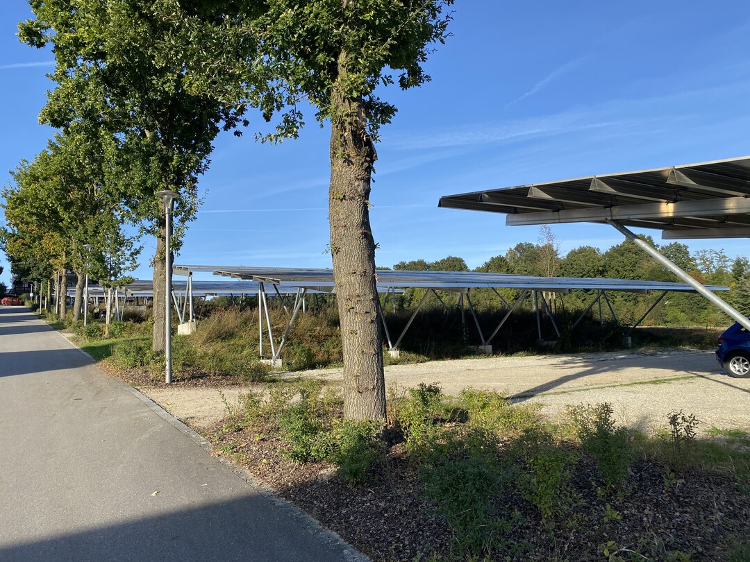 Wenn schon Grund fr Parkpltze verbrauchen - weshalb sollte man die Flche nicht doppelt nutzen? Diese extensiv mit verdichtetem Wandkies befestigten Stellpltzen im niederbayerischen Furth bei Landshut wurden mit aufgestnderten Solarkollektoren berbaut.