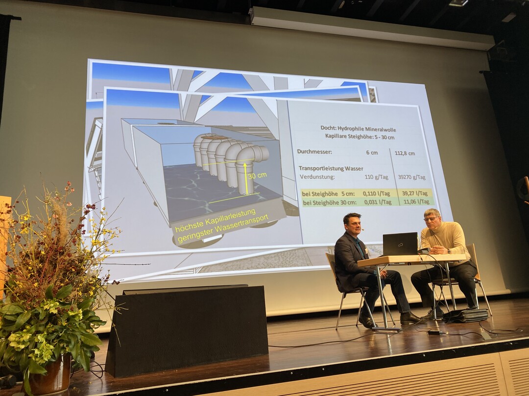 Infotainment als Theaterstck: Dr. Claus Prinz erklrt einem Brgermeister (Jrgen Eppel) die Mglichkeiten, sein tristes Rathaus klimatauglich zu machen.