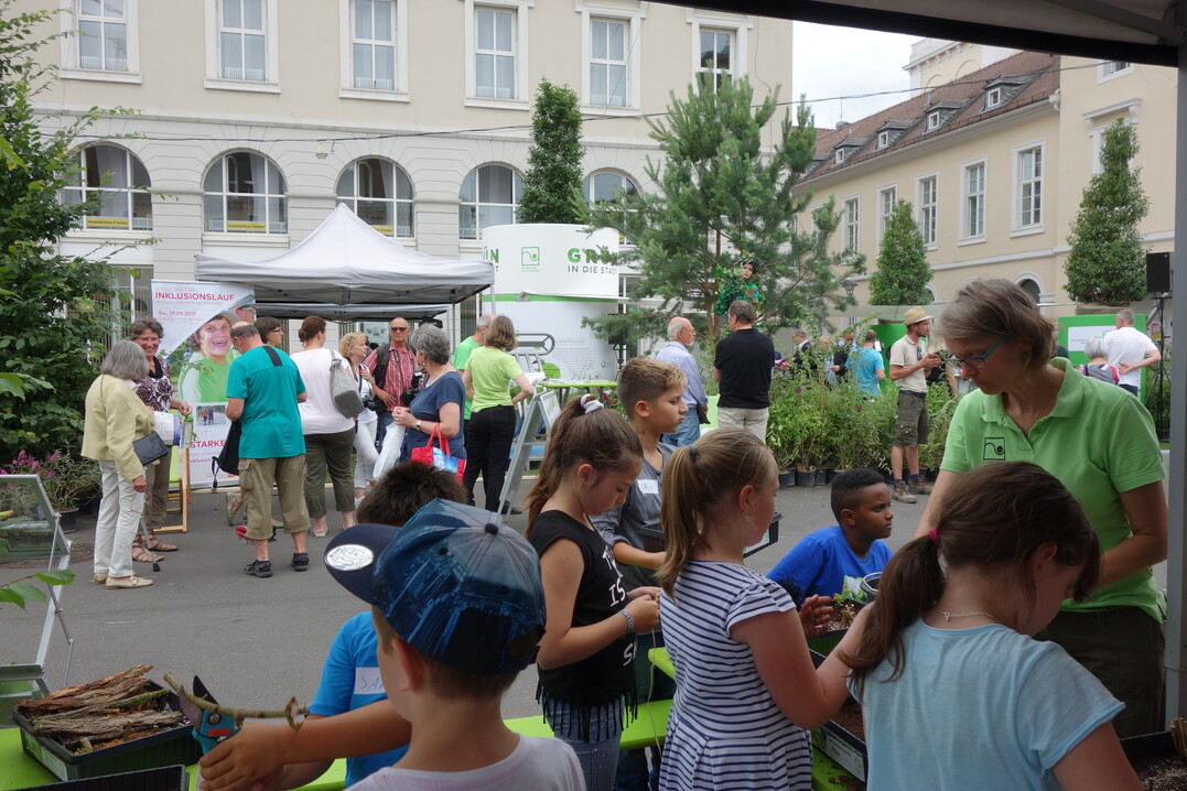 Kinder-Grten: Schlerinnen und Schler drfen im Pop-up-Parkaus Pflanzen, Boden und Steinen ihre eigenen Modell-Grten formen und gestalten