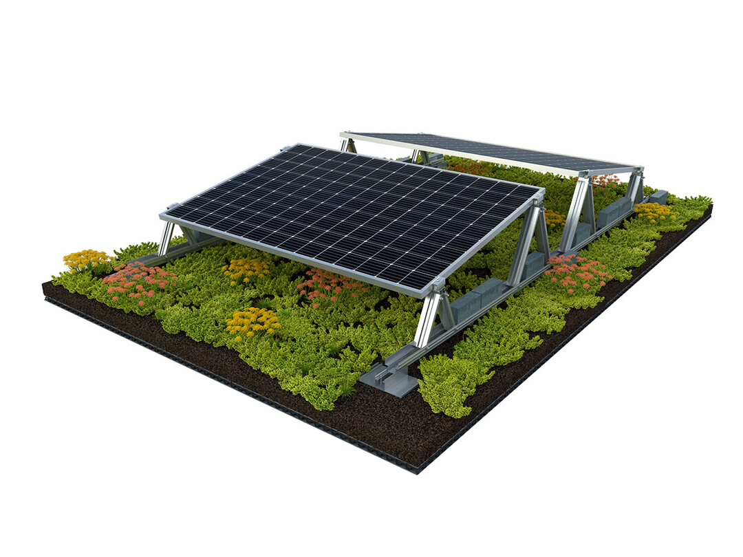 Optigrn-Solar TOP als 3D-Rendering. Das System lsst sich einfach und ohne Dachdurchdringung auf bestehende Grndach aufsetzen.