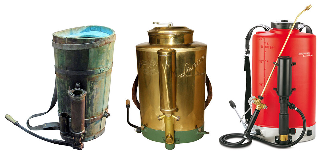 Entwicklung der Rückensprühgeräte v.l.n.r.: Gerät von 1892, 1950, 1977