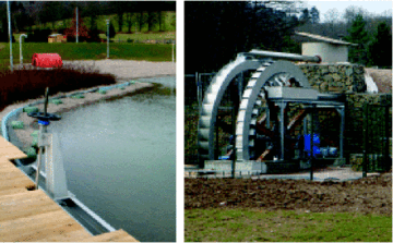 Neu entwickelte Technik:Schwimmstoffklappe zum absenken des Wasserstands (links) und Wasserrad mit Schpfrad